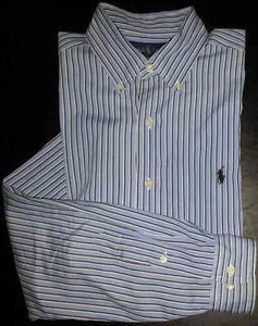 Ralph Lauren Polo Shirt Classic Fit Lt Blue Navy White Striped 15.5-34/35 c1414 - Picture 1 of 7
