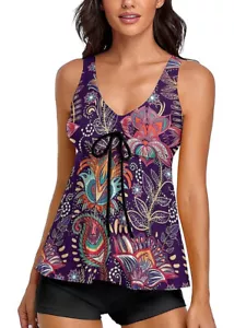 Modest Tankini Swimsuits for Women Two Piece Bathing Suits Floral Print Tank Top - Picture 1 of 7