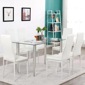 7 Piece Dining Set Furniture Kitchen Room Living Table Set With 6 PU Chairs - Picture 1 of 10