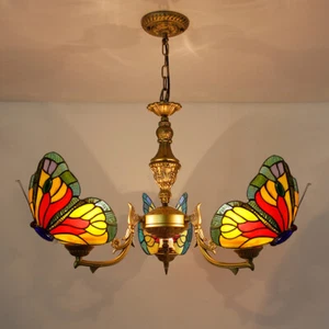 Luxury Pendant Lamp Tiffany Style Stained Glass Shade Butterfly fixture Vintage  - Picture 1 of 28