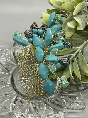 Acessórios de cabelo turquesa para casamento nupcial pente de videira feito à mão 3,5” metal dourado - Imagem 1 de 3