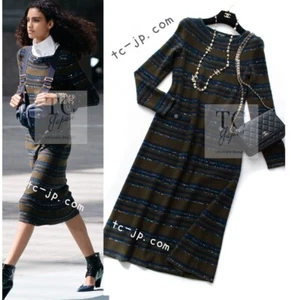 CHANEL 20C Olive Green Navy Striped Cashmere Knit Dress by Karl Lagerfeld 40 US8 - Picture 1 of 24