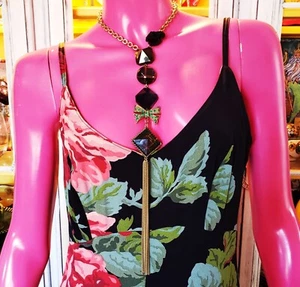 Vintage Betsey Johnson Y2K Green Plaid Black Rose Bow Long Dress Lucite Necklace - Picture 1 of 13