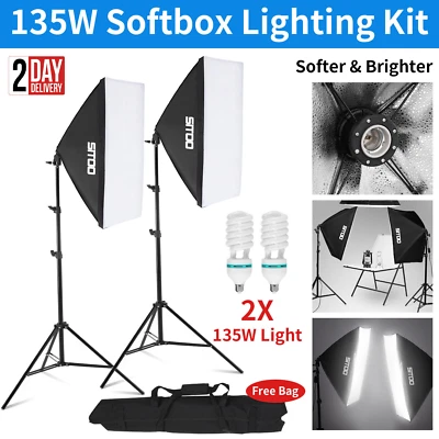 2×135W Softbox Lighting Kit Photography Continuous Soft Box Light Stand Studio - Image 1 of 4