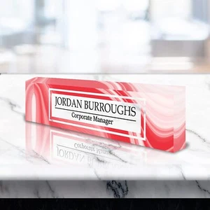 VWAQ Custom Red Wave Design Name Desk Plate On Clear Acrylic Glass - ACS44 - Picture 1 of 6