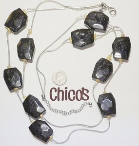Signed CHICO'S Black w/Glittery Blue & Silver Goldstone 2-Strand Necklace 39" - Picture 1 of 5