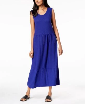 EILEEN RISHER Blue Organic Cotton Hemp Sleevless Scoop Neck Tiered Midi Dress XS - Image 1 of 4