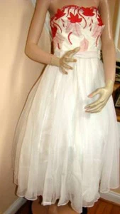 Vintage 1950's Red/White Strapless Dress Chiffon Overlay over Taffeta Size 8-10 - Picture 1 of 12