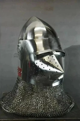 Casco de cerdo medieval Bascinet cota de malla Aventail listo para la batalla casco de caballero regalo Foto 1 de 4