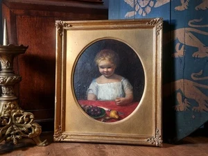 Antique 19th Century Portrait Oil Painting Of A Young Child With Fruit Victorian - Picture 1 of 15