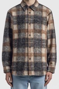 Stussy Plaid Knit Wool Blend Shirt Shacket Men 2XL Camel Navy Grunge Streetwear - Picture 1 of 13