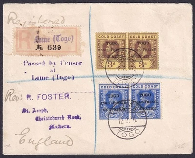 Sobreimpresión Togo 1916 KGV 3d x2, 21/2d x2 usada en cubierta LOME al Reino Unido con marca de censor Foto 1 de 2