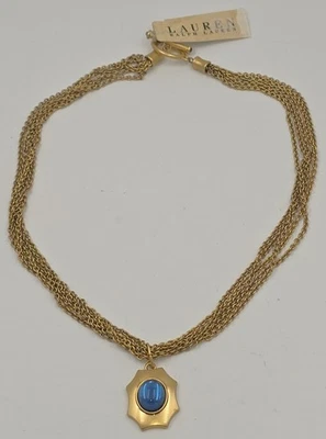 RALPH LAUREN 18" Multi Strand Gold Tone Necklace with Blue Glass Pendant - NWT - Image 1 of 4