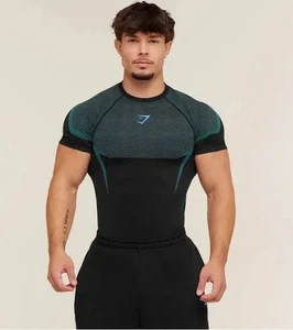 GRANDE - Camiseta sin costuras Gymshark Onyx 5.0 - Negra/Azul a marca - NUEVA - Imagen 1 de 1