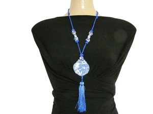 Vintage Oriental White and Blue Porcelain Beaded Tassel Necklace Adjustable - Picture 1 of 13