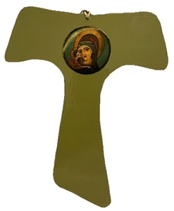 Cruz de pared de madera pintada hecha a mano Virgen y Niño - Imagen 1 de 4