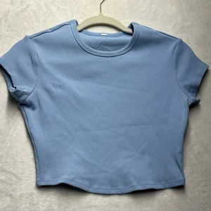 Alo Ribbed Crop Baby Tee Damen L Blau Kurzarm TShirt Oberteil Sport Yoga - Bild 1 von 6
