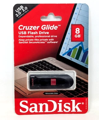 New Vintage SanDisk Cruzer Glide 8 GB USB Flash Drive Black Retractable Slider - Image 1 of 2