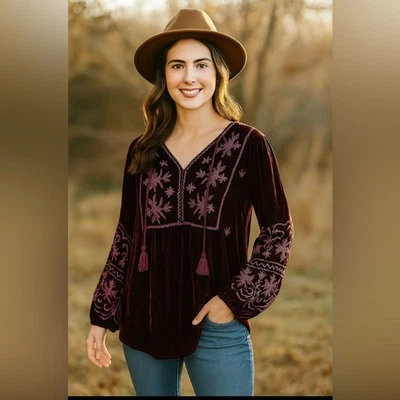 Blusa Johnny Was JWLA Palmira Terciopelo Dobladillo Curvo Pradera Boho Chic J10323 Talla L Foto 1 de 4