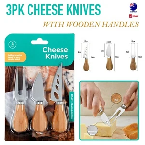 3pk Cheese Knives Stainless Steel Cheese Butter Knife Fork Set w/ Wooden Handle - Picture 1 of 3