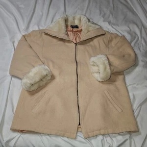 Vtg60s70sWool Coat Foe Fur trim Jofeld Zip Up Women Cream Color SZ L Made In USA - Picture 1 of 12