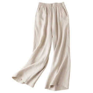 Lady Linen Pants Trousers Loose Wide Leg Elastic Bottoms Flax Plain Casual Beige - Picture 1 of 17
