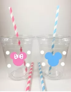 Mickey Minnie Mouse Gender Reveal Party Cups Set/12 Baby Pink Blue Lids Straws - Picture 1 of 1