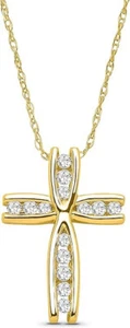 14K Yellow Gold Diamond Cross Necklace 18" Silver Yellow Plated Rope Chain - Picture 1 of 7