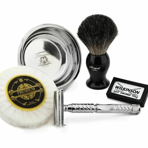 DE Butterfly Safety Razor Twist Open Shaving Kit Pure Badger Brush + Bowl & Soap - Picture 1 of 2
