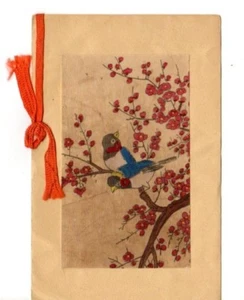 Christmas Card with orange fabric tie and tipped-in fabric print of birds - Picture 1 of 2