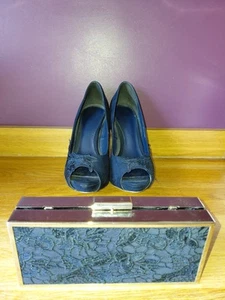 Next Navy Blue Suede high heel peeptoe stilettos with clutch bag. Uk 5.5 - Picture 1 of 11