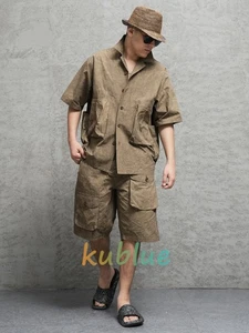 Camisa retro de verano con solapa de manga corta teñida sucia bolsillos desgastados para hombre - Imagen 1 de 13