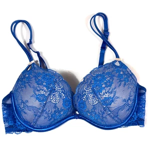 Victoria's Secret Sexy Little Thing 34C Bra Blue Lace Bows Lined Underwire Y2K - Picture 1 of 8