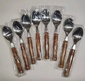 Woodturned Old Homestead Handle Flatware Stainless Steel 8 Teaspoons Vtg New! - Picture 1 of 9