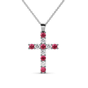 Ruby and Diamond Cross Pendant Necklace 1/3 ctw 14K Gold 18" JP:66865