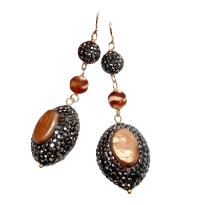 Brown Keshi Pearl Round Agate Black Cz Pave Dangle Hook Earrings - Image 1 of 4