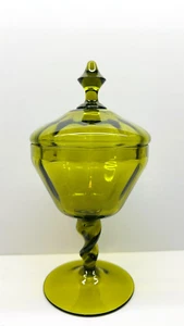 Vintage Olive Green Glass Italian Empoli Twisted Stem Lidded Candy Dish 9" - Picture 1 of 7