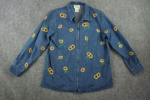 The Quacker Factory Jacket Women Medium Blue Full Zip Embroidered Sunflowers - Picture 1 of 13