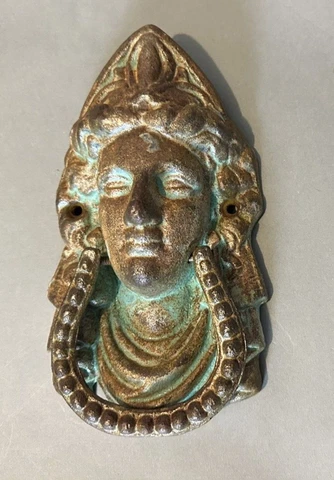 Vintage Antique Style Figural Cast Metal Ladies Head 9" Doorknocker Cover