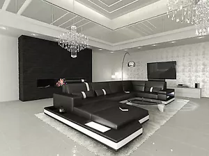 Wohnlandschaft Design Ecksofa Messana U Form USB Leder Sofa Ledersofa Couch LED - Bild 1 von 9