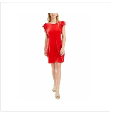 Maison Jules Velvet Flutter Ruffle Sleeve Red Party Dress S - Image 1 of 2