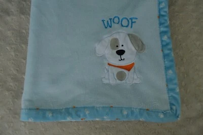 Bon Bebe Puppy Dog Woof Baby Blanket Blue White Orange Paw Prints Trim Lovey - Image 1 of 4