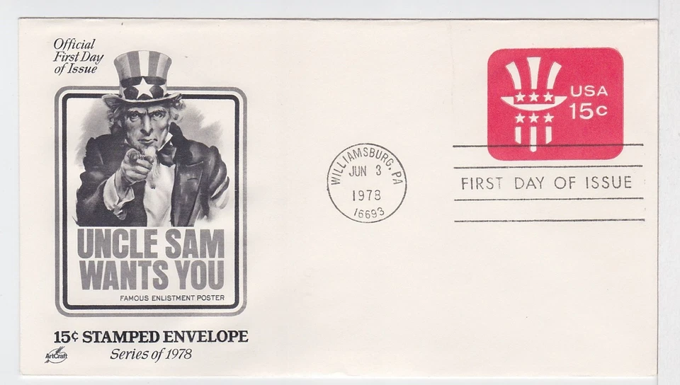 TurtlesTradingPost- USA 15 Cent  Uncle Sam Hat- 1978 FDC #U581- Artcraft Cachet - Image 1 of 1