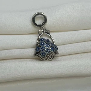 Sterling Silver 925 Enamel Basket of Blue Flower Bouquet Dangle Charm - Picture 1 of 5