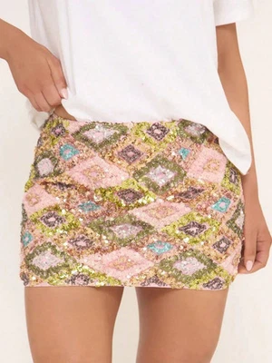 Womens Y2k Sequin Mini Sparkly Plaid Print Low Rise Glitter Skirt UK 12 - 14 - Image 1 of 4