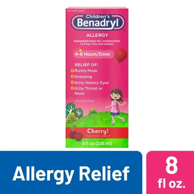 Líquido para aliviar alergias Benadryl para niños, sabor cereza, 8 fl oz Foto 1 de 4