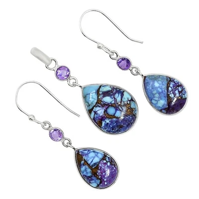 Juego de pendientes colgantes Kingman púrpura dalia turquesa, amatista plata 925 T-1010 Foto 1 de 4