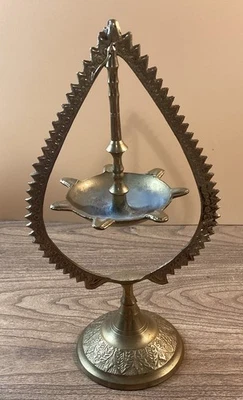 Vintage Indian Brass Temple Oil Lamp Burner With Stand - Image 1 of 2