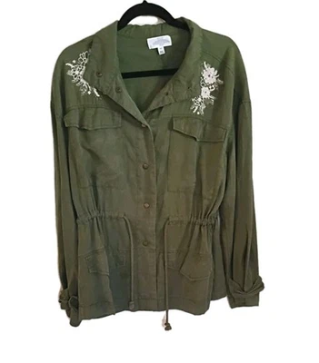 Womens L Floral Embroidery Military Olive Green Feminine Punk Snap Jacket Top - Image 1 of 4
