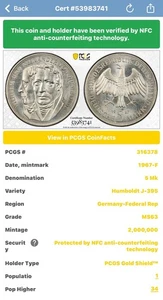 1967-F DEUTSCHLAND SILBER 5 MARK HUMBOLDT J-395 PCGS MS63 SELTEN EDELSTEIN SCHÖNHEIT - Bild 1 von 4